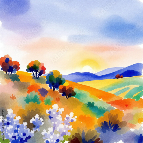 Watercolor countryside landscape with flowers and hills