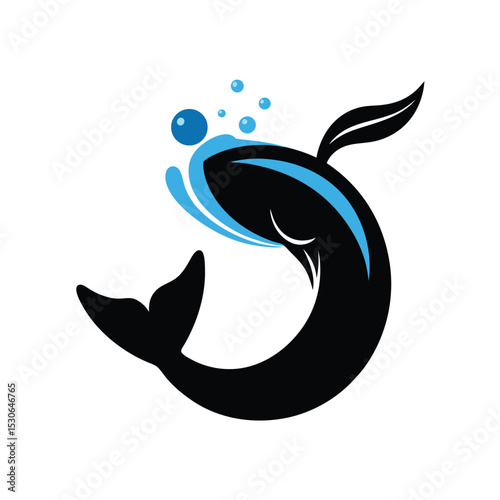 Stylized modern illustration of a swimming whale with blue water and bubbles on white background