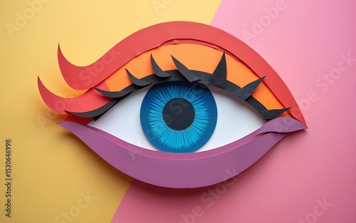 A close up of a paper cut eye on a colorful background. High quality