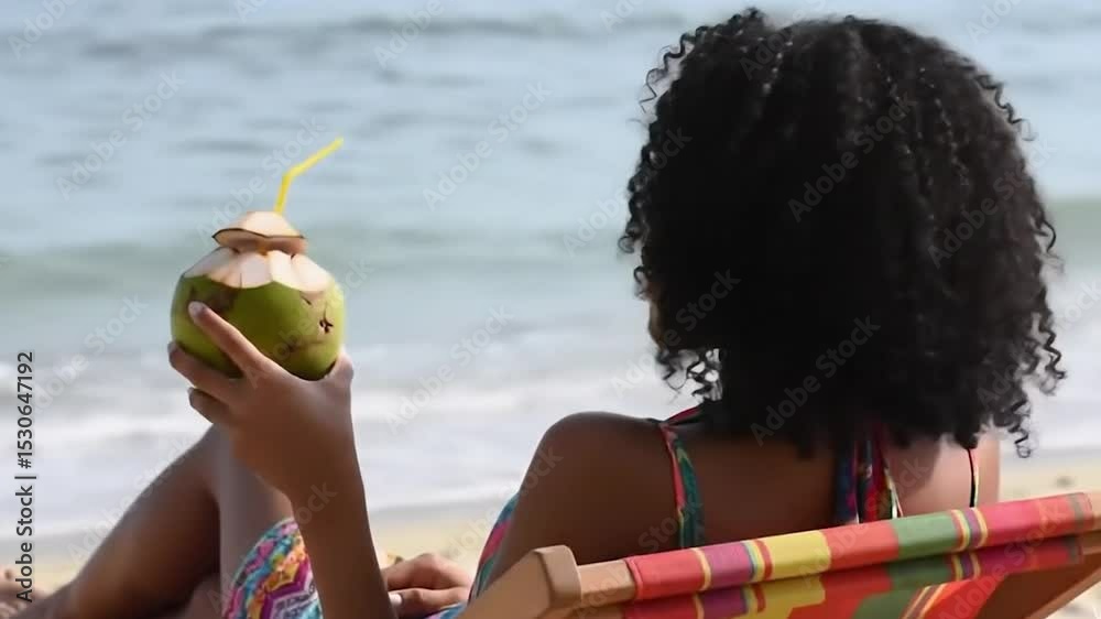 jeune femme, vue de dos, détendu sur la chaise de plage avec du jus de noix de coco en cocktail