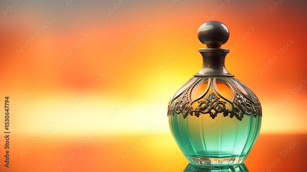 Fototapeta premium A perfume bottle with a gradient effect in the glass, on a split of sunset orange and seafoam green.