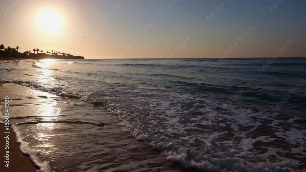 Sunset over calm ocean waves with soft golden reflections on sandy beach Sunset over calm ocean waves with soft golden reflections on sandy beach