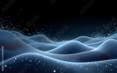 Abstract landscape of flowing lines and sparkling particles creates a dynamic and ethereal visual representation against a dark background. High quality