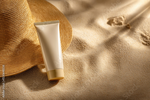 Detailed mockup of sunscreen tube standing upright on sandy beach, accompanied by stylish straw hat, evokes sense of summer relaxation and sun protection