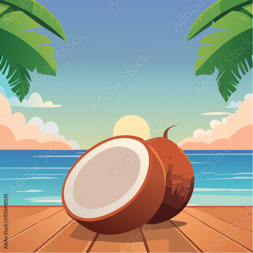 Tropical Sunset A Half-Opened Coconut on a Wooden Deck