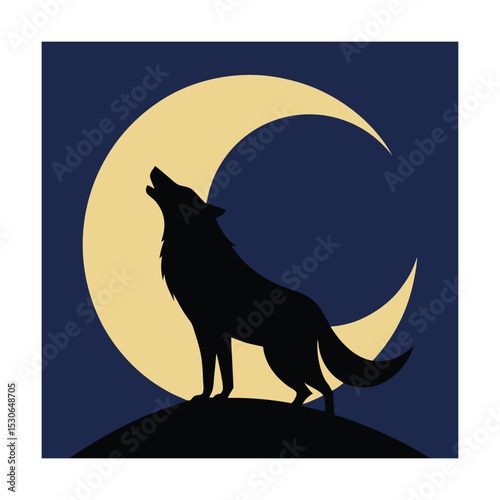 Silhouette of a howling wolf against a crescent moon in a dark night sky scene