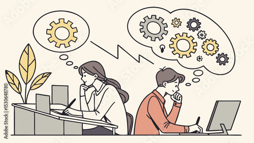 Two people thinking about gears and mechanisms while working at their desks with computers and drawing pads