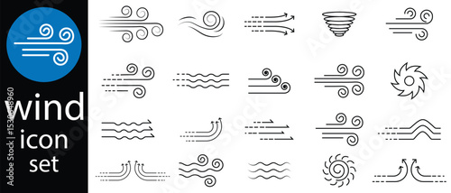 Wind blow icon set. Wind air movement for weather, wind, flow, wave, vector, bland forecast symbol. Contains sign of storm, tornado, and breeze. Wind icon set in thin line style. Vector illustration. 