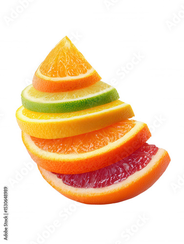 Colorful layers of sliced citrus fruits including orange, lime, lemon, and grapefruit are stacked high to create an appealing and healthy fruit display on white.