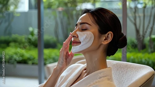 Woman with Beauty Face Mask Relaxing at a Luxury Spa. Skincare, wellness, and self-care concept with a serene model