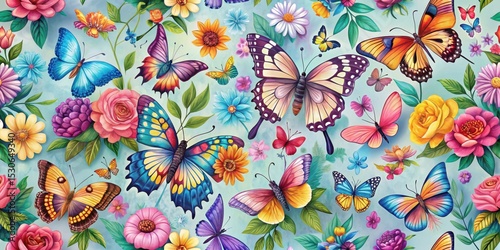 Delicate seamless colorful butterfly pattern with multiple species fluttering around a vibrant floral arrangement