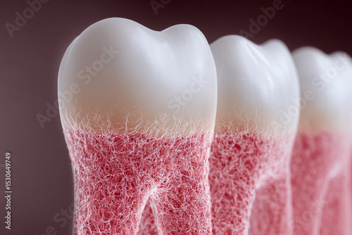 Close-up of teeth enamel and gum tissue, showcasing detailed texture, representing dental health, hygiene, and oral care
