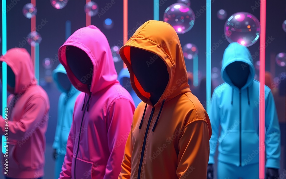 Futuristic neon hooded figures with floating bubbles in colorful glow. High quality Futuristic neon hooded figures with floating bubbles in colorful glow. High quality