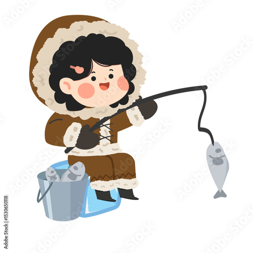 Cartoon Girl Fishing on Ice Illustration