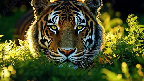 Intense Tiger Face Staring Through Jungle Foliage. Majestic wildlife portrait of a powerful predator in its natural habitat