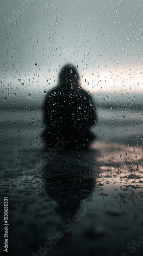 Rain drops on glass, obscuring a lone figure sitting, conveying feelings of solitude, contemplation, and introspection during a rainy day