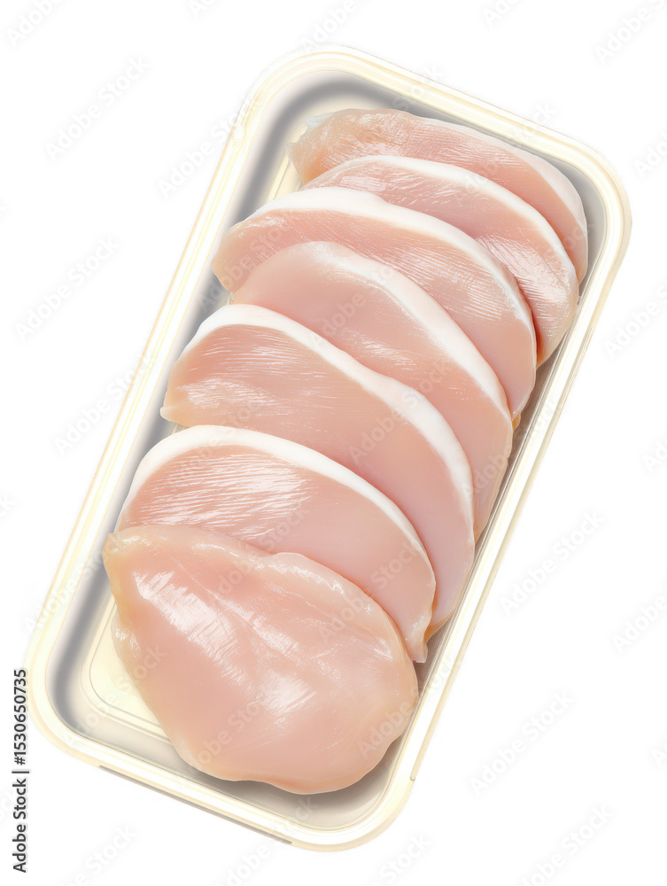 Freshly sliced chicken breast fillets are neatly arranged in a plastic container ready for cooking, showcasing their lean and protein-rich qualities on white. Freshly sliced chicken breast fillets are neatly arranged in a plastic container ready for cooking, showcasing their lean and protein-rich qualities on white.