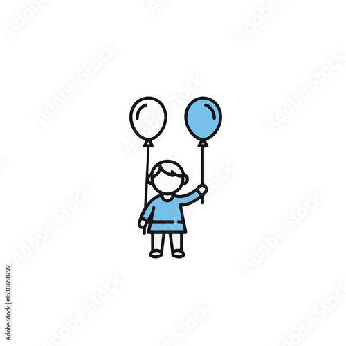 A simple illustration of a child holding two balloons. The child looks happy. 