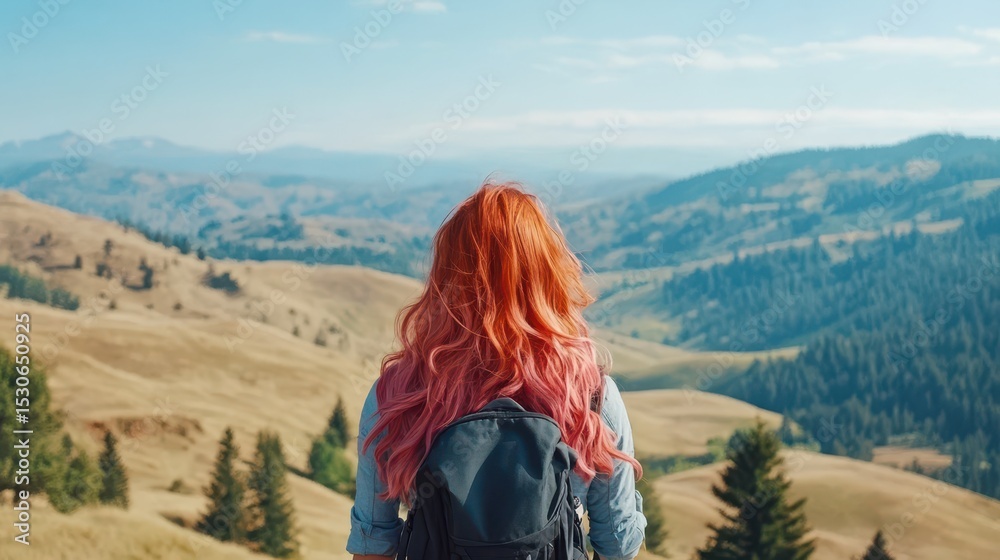 Naklejka premium Adventurous Spirit: A woman with vibrant hair, stands at the edge of a stunning mountainous panorama, embracing the freedom and boundless horizons, taking a moment of introspection.
