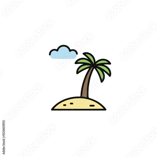 A cartoon image of a tropical island, complete with a palm tree and cloud.