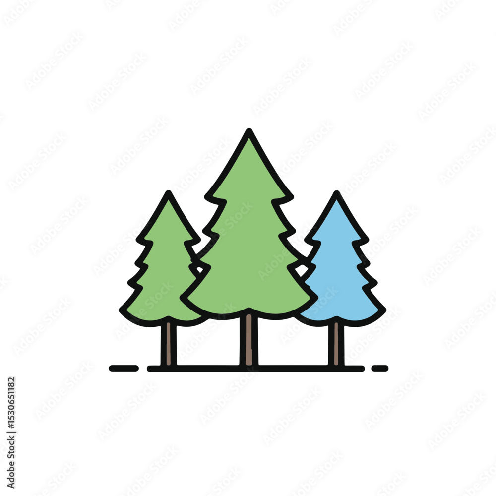 Fototapeta premium A set of three stylized evergreen trees in a row, rendered with graphic details.