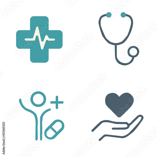 Medical icons show cross heartbeat, stethoscope, health person, caring heart in hand
