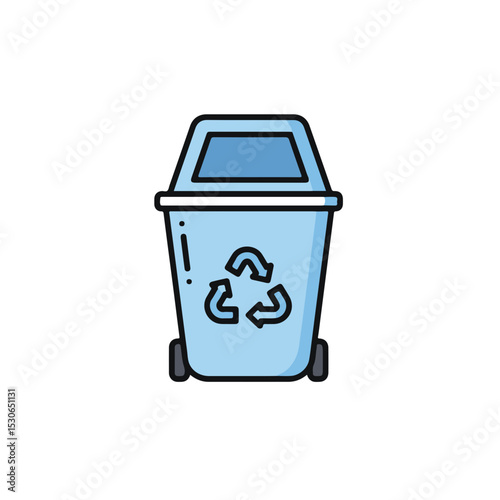 A blue recycle bin, illustrated with recycling symbol.