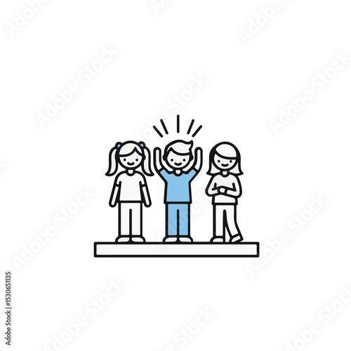 Three people are happily celebrating in the spotlight.