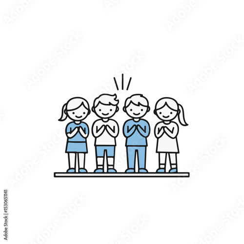 A line of cartoon people standing and putting hands together.