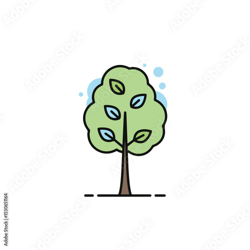 A simplistic tree stands tall with fresh leaves.