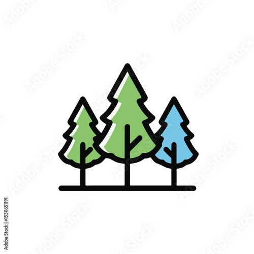 Minimalist illustration of evergreen trees in a forest setting.