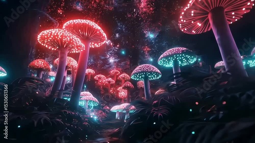 Magical Forest of Giant Glowing Mushrooms at Night. Fantasy, enchanted landscape with a surreal and luminous atmosphere