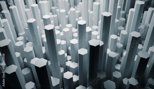 Abstract image of numerous gray hexagonal columns, creating a dense, textured field.  Represents modern architecture, geometric design, or technological advancement