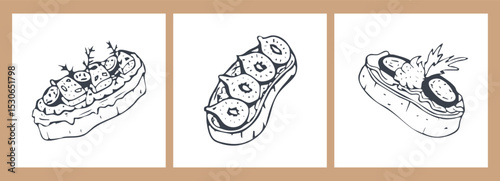 Three appetizer bruschettas drawings, snack sandwiches with tomatoes, figs and green. Food vector hand drawn illustrations for restaurant and cafe menu decorations.