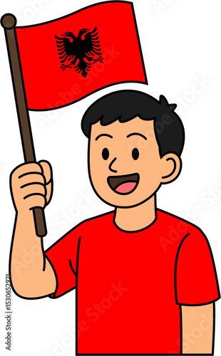 A man is holding the Albania flag