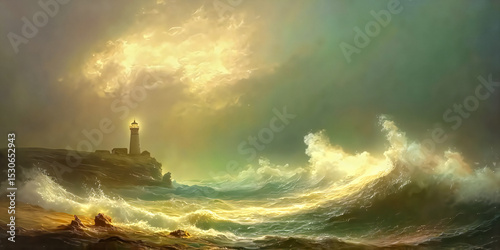 Dramatic ocean waves crashing against rocky shore with lighthouse  