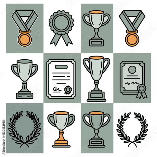 Achievement & Award Line Icons Set.