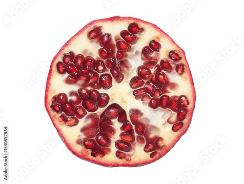 The vibrant cross-section of a pomegranate showcases its ruby-red arils led within a creamy white membrane, creating a visually striking and healthy snack.