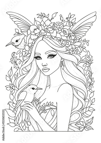 Coloring for children and adults. Young beautiful girl with birds.
