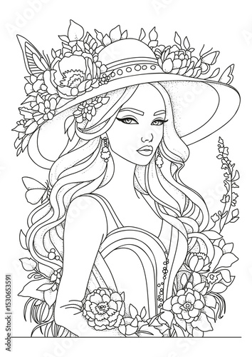 Portrait of a beautiful young woman in a hat decorated with flowers. Coloring page for children and adults.