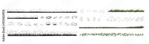 Minimal grass cad line set, ground turf coating section, isolated side view on white, vector illustration, elevation landscape border, gardening edge banner, lawn architecture, png.