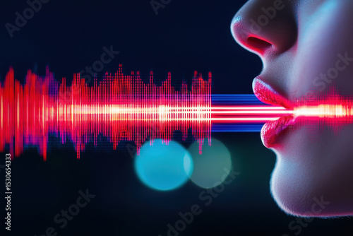 Voice sound intonation visualized with vibrant red waveforms emanating from mouth, creating dynamic and engaging atmosphere