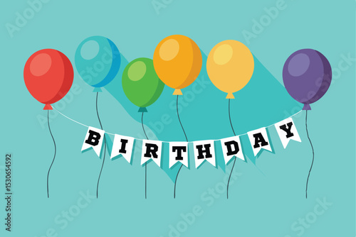 Colorful Birthday Balloons with Pennant Banner on a Light Blue Background
