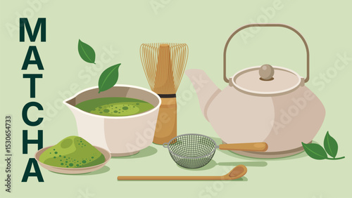vector illustration of matcha and equipment, food and drink concept, poster and promotion