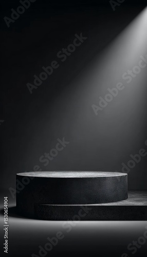 Sleek Black Circle Platform in Dark Studio with Dramatic Spotlight for Minimalist Product Display