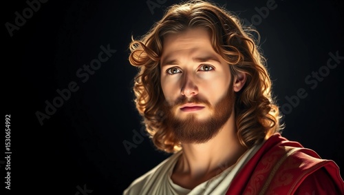 Portrait of a man with long curly hair and a beard against a dark background