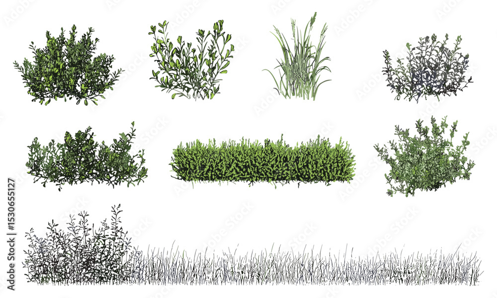 Naklejka premium Minimal set of shrubs line cad, ground cover, turf edging, architectural elevation element, side view, coating banners, vector illustration, grass section, landscaping design.