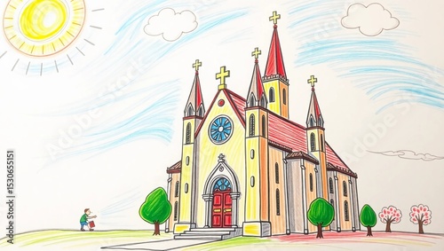 Drawing of a church with red roof and crosses under a sunny sky with clouds