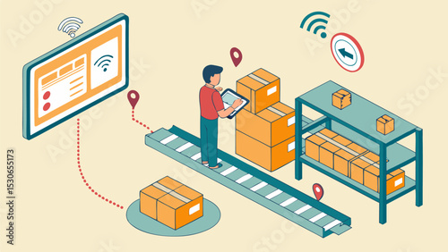 Illustration of a warehouse worker using a tablet to track packages on a conveyor belt system with wifi
