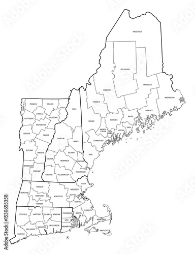 Counties of New England, outline map. Region in the Northeastern United States, consisting of the states Connecticut, Maine, Massachusetts, New Hampshire, Rhode Island, and Vermont. Isolated. Vector